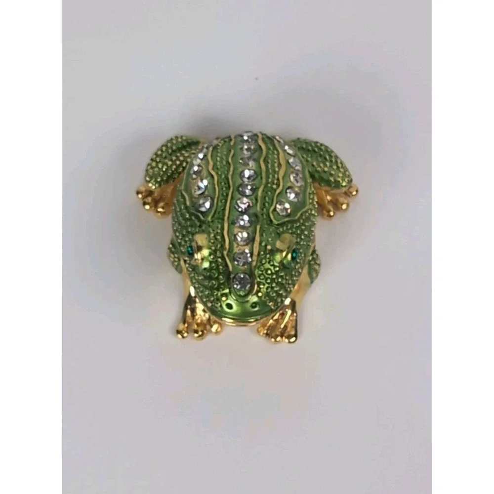 Hinged Keren Kopal Style Gold Tone Frog Trinket Box Rhinestones Green Eyes Vintg
